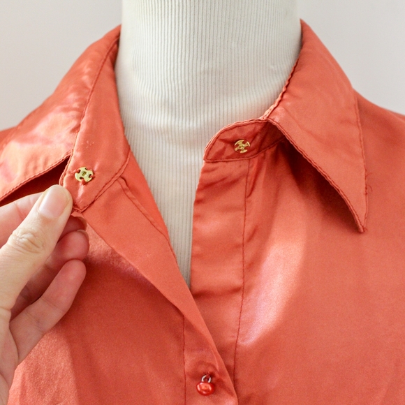 SOLD-Vintage 1950s Orange Satin Tie Front Western Crop Top / Shiny Dagger - Picture 5 of 9